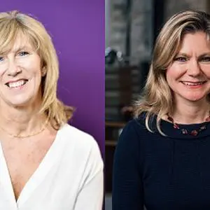 Side-by-side portraits of two smiling women against purple and dark backgrounds.