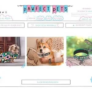 Pawfect Pets website mock-up displaying patterned collars on dogs and cats.