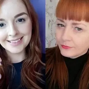 Side-by-side close-up selfies of two red-haired women.