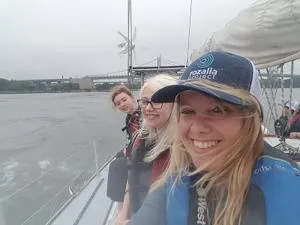 Dr Claire Gwinnett, with members of the Microplastics Research Group on the yacht