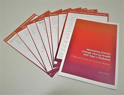 Red booklet and worksheets titled 'Motivating dietary change among people with Type 2 Diabetes.'