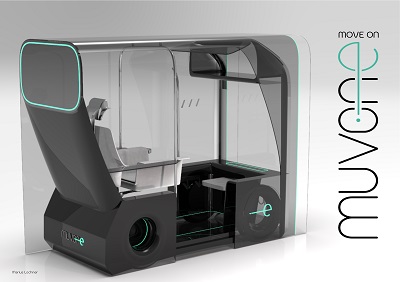 Concept rendering of a compact self-driving shuttle labelled 'muvone.'