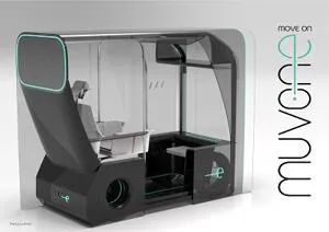 Concept rendering of a compact self-driving shuttle labelled 'muvone.'