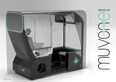 Concept rendering of a compact self-driving shuttle labelled 'muvone.'