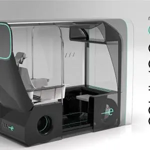 Concept rendering of a compact self-driving shuttle labelled 'muvone.'