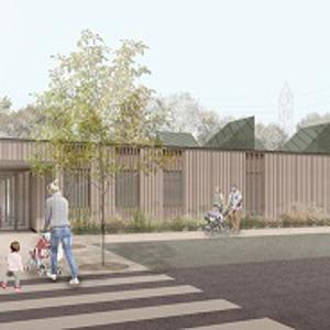 An artist's impression of the new University Nursery and Forest School showing the exterior of the building with trees, parents arriving with their children, and a zebra crossing at the front with and adult and child using it.