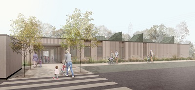 An artist's impression of the new University Nursery and Forest School showing the exterior of the building with trees, parents arriving with their children, and a zebra crossing at the front with and adult and child using it.