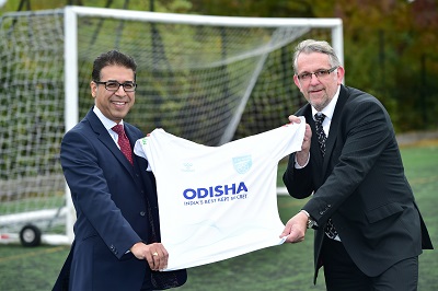 Raj Athwal and Professor Martin Jones at the launch of the partnership with Odisha FC.