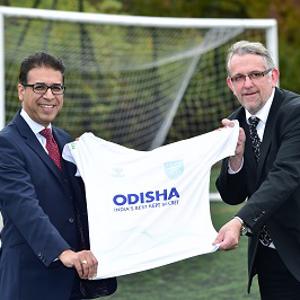 Raj Athwal and Professor Martin Jones at the launch of the partnership with Odisha FC.