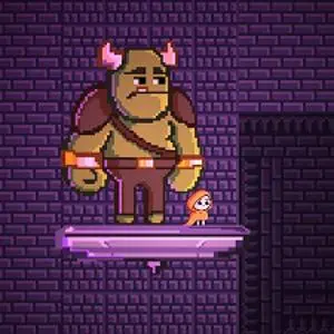 A screenshot from Ogre Time with the ogre looking up at the tiny hooded rescuer stood on a platform