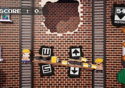 Pixel-art arcade game projected onto a brick wall with scores and control icons.
