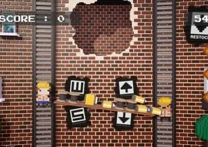 Pixel-art arcade game projected onto a brick wall with scores and control icons.