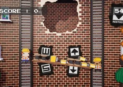 Pixel-art arcade game projected onto a brick wall with scores and control icons.