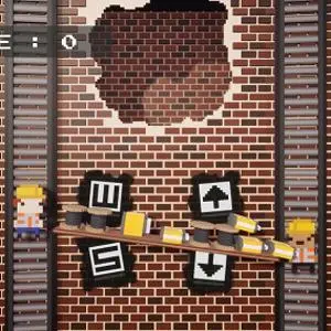 Pixel-art arcade game projected onto a brick wall with scores and control icons.