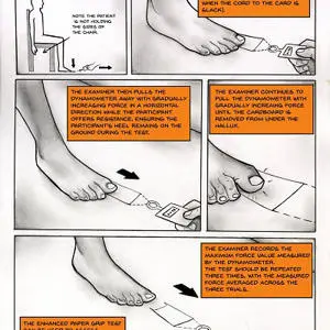 Comic strip uses close-up hand drawings and orange text boxes to explain a paper grip test.