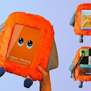 Orange furry PAT assistant character shown from three angles with a screen, arms and blue feet.