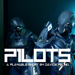 A poster for the game 'Pilots' featuring two figures in black helmets and body armour 
