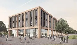 Architectural rendering of a modern four-storey brick and glass building with people outside.