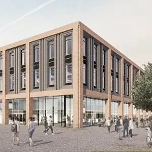 Architectural rendering of a modern four-storey brick and glass building with people outside.