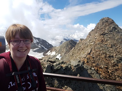 Rachael Carver photographed in front of the Austrian Alps