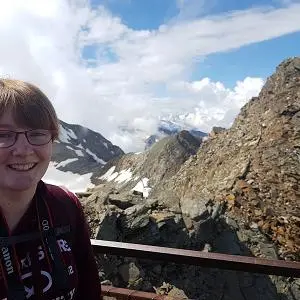 Rachael Carver photographed in front of the Austrian Alps