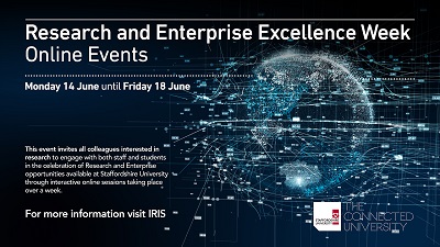 Dark blue network graphic advertising Research and Enterprise Excellence Week online events.