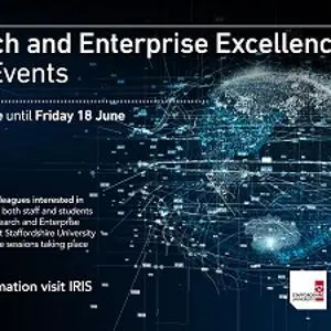 Dark blue network graphic advertising Research and Enterprise Excellence Week online events.