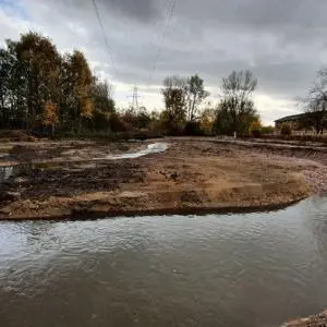 Reworked riverbank with bare soil, shallow water and leafless trees under a cloudy sky.