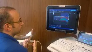 Man uses an ultrasound probe on a foot while viewing the scan on a monitor.
