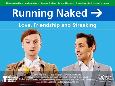 Film poster for 'Running Naked' showing two men against a blue background.