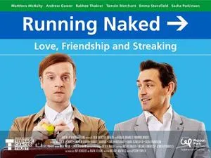 Film poster for 'Running Naked' showing two men against a blue background.