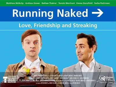 Film poster for 'Running Naked' showing two men against a blue background.