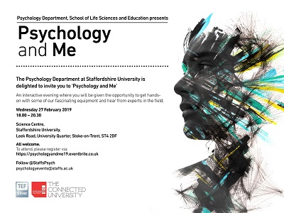 'Psychology and Me' event flyer with programme details and an abstract illustrated face.