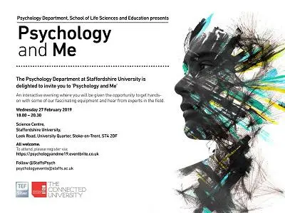 'Psychology and Me' event flyer with programme details and an abstract illustrated face.