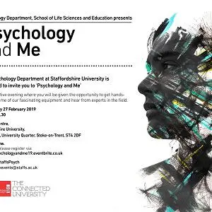 'Psychology and Me' event flyer with programme details and an abstract illustrated face.