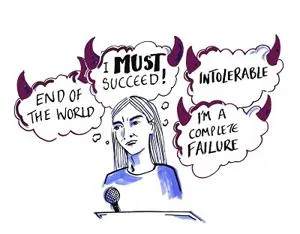 Illustration of a woman at a laptop with thought bubbles reading 'I must succeed' and 'I'm a complete failure.'