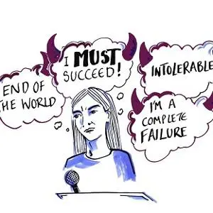 Illustration of a woman at a laptop with thought bubbles reading 'I must succeed' and 'I'm a complete failure.'