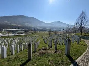 Gravestones with mountains in the background