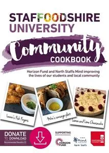 Community Cookbook cover with food photographs, charity logos and a prominent donate symbol.