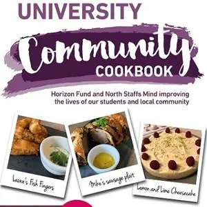 Community Cookbook cover with food photographs, charity logos and a prominent donate symbol.