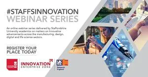 #StaffsInnovation Webinar Series banner with manufacturing and digital technology images.