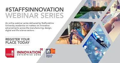 #StaffsInnovation Webinar Series banner with manufacturing and digital technology images.