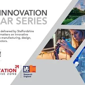 #StaffsInnovation Webinar Series banner with manufacturing and digital technology images.