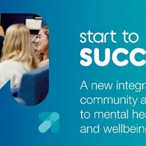 Blue and teal 'Start to Success' graphic promoting a community approach to mental health and wellbeing.