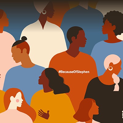 Colourful illustration of a diverse group of people with the hashtag '#BecauseOfStephen.'