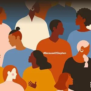 Colourful illustration of a diverse group of people with the hashtag '#BecauseOfStephen.'