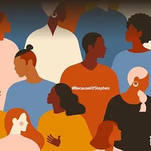 Colourful illustration of a diverse group of people with the hashtag '#BecauseOfStephen.'
