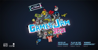 Colourful Stoke-on-Trent GamesJam 2021 banner with gaming icons and event details.