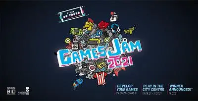 Colourful Stoke-on-Trent GamesJam 2021 banner with gaming icons and event details.