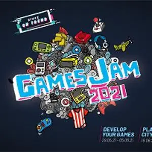 Colourful Stoke-on-Trent GamesJam 2021 banner with gaming icons and event details.
